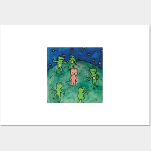 frogs dancing around a cat cottagecore meme watercolor illustration Posters and Art